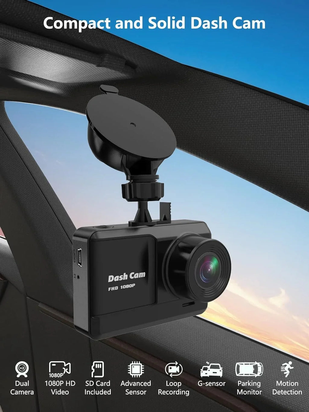 Dash Cam Front and Rear, Mini Dash Cam 1080P Full  with 32GB  Card, 2.45 inch  Screen, 2 Mounting Ways, Night Vision, , Accident Lock, Loop Recording, Parking Monitor Car,Motorcyle,Balls