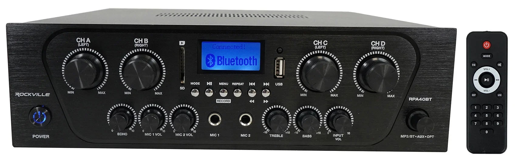 Rockville RPA40BT 4-Room Home Audio Kit Receiver+(8) Black Slim Wall Speakers