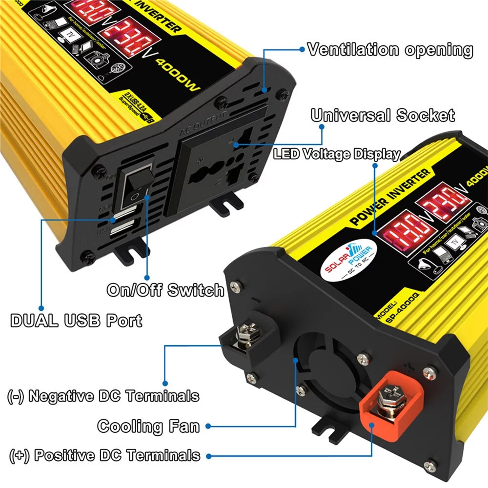 Gecheer Portable Inverter Car Power Inverters DC12Volt To AC110220Volt Transformer 4000W Modified SineWave Inverter Dual  Display Auto Inverters