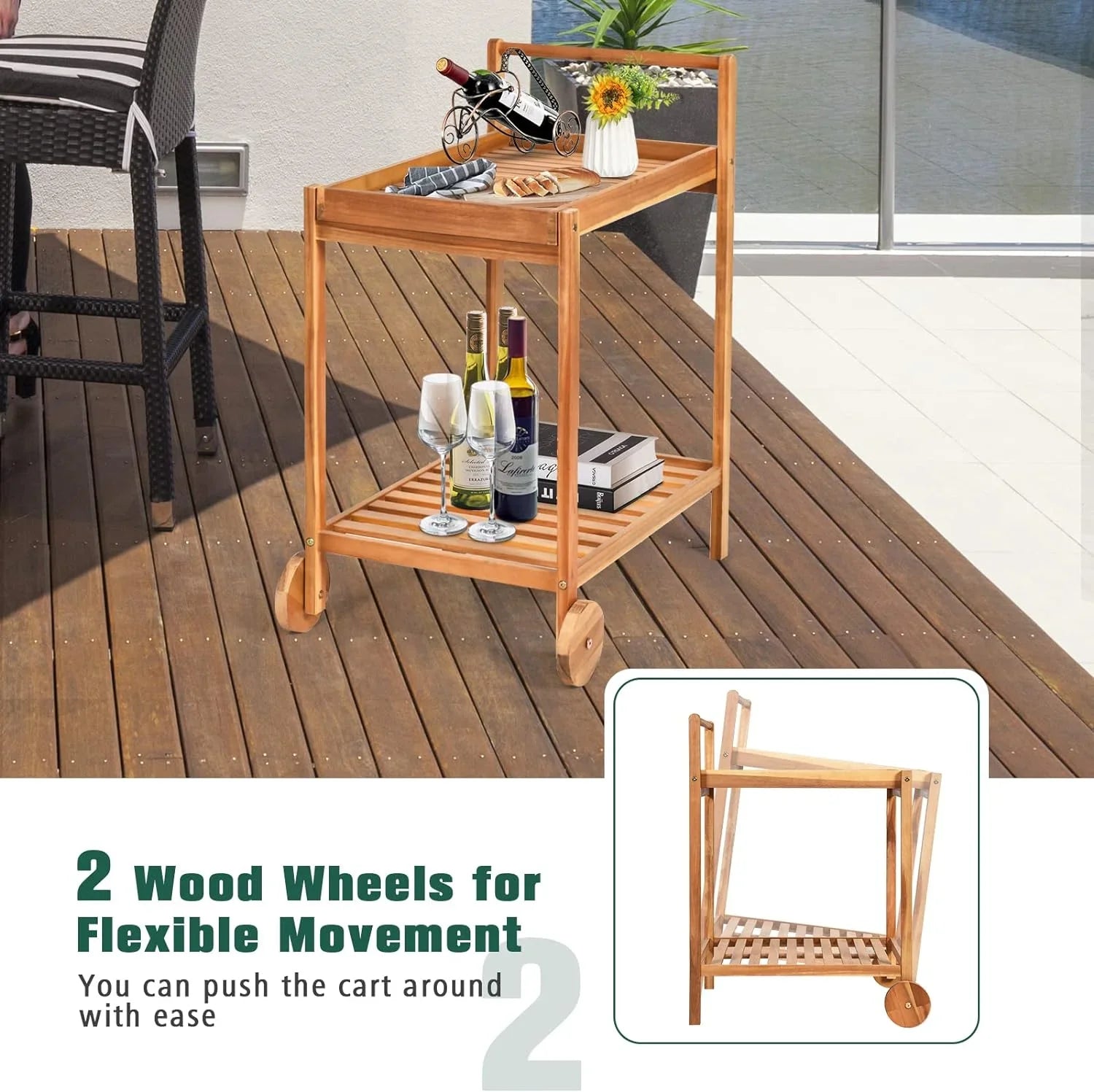 Patio Side Table on Wheels, Acacia Wood Outdoor Buffet Cart, Rolling Kitchen Island Serving Cart with Legs & Handle, 2-Tier Utility Cart for Home Kitchen Bar Garden Poolside