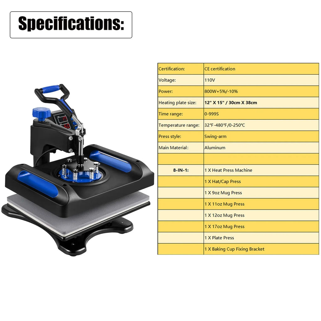 Blue Heat Press Machine 8 in 1, 12 x 15 Inches Sublimation Transfer Printer, Digital Precise  Control Printing, 360 Swing Away Vinyl Transfer Printer for T-Shirts, Canvas Bag, Pillow, Banner