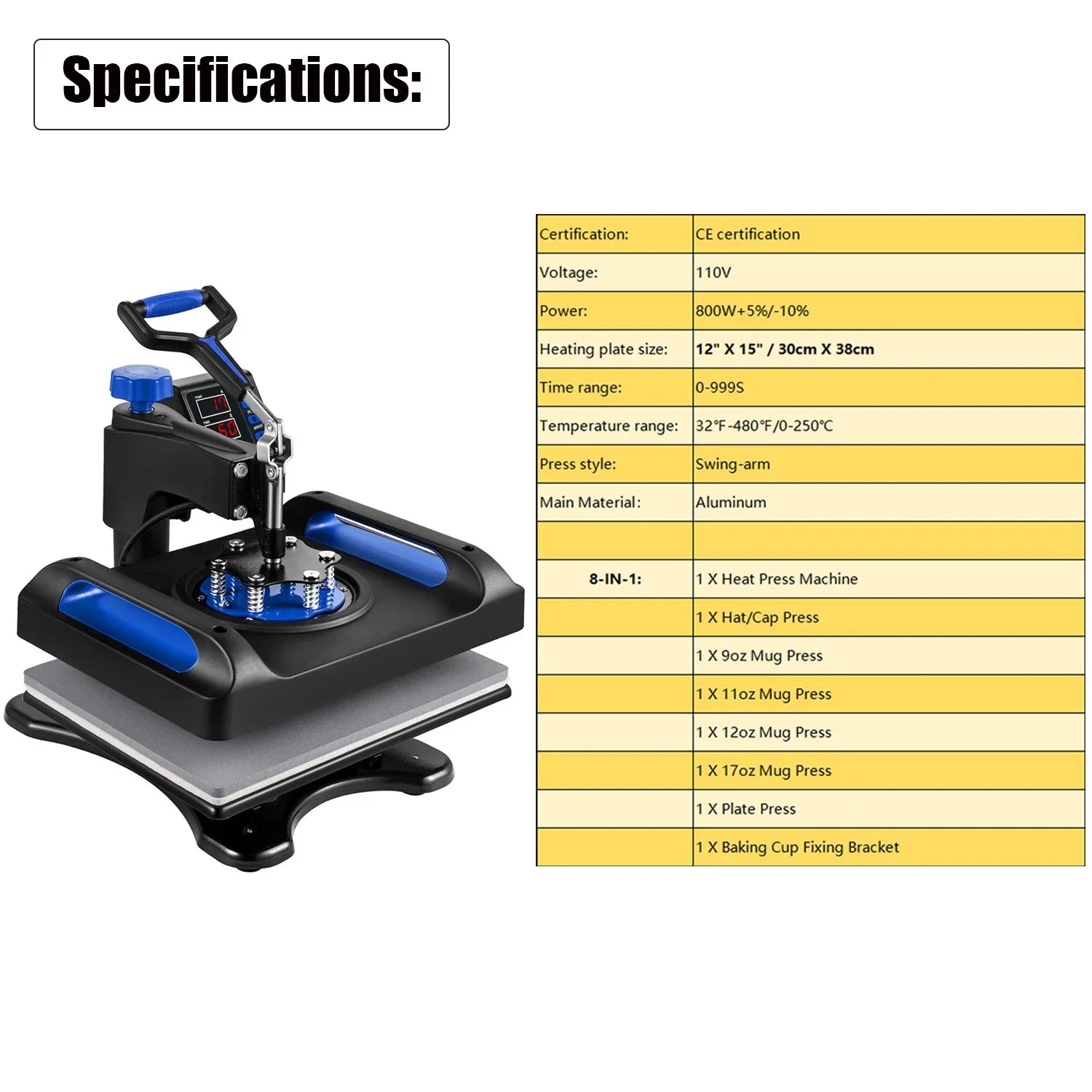 Blue Heat Press Machine 8 in 1, 12 x 15 Inches Sublimation Transfer Printer, Digital Precise  Control Printing, 360 Swing Away Vinyl Transfer Printer for T-Shirts, Canvas Bag, Pillow, Banner