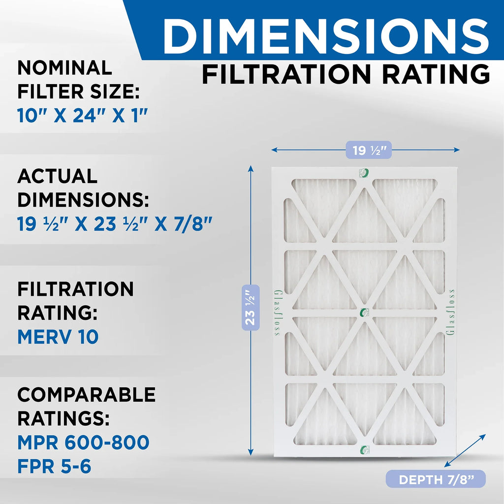 12 Pack of 10x24x1  10 Pleated Air Filters by Glasfloss. Actual Size: 9-1/2 x 23-1/2 x 7/8