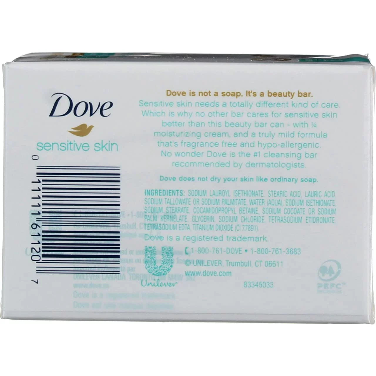 Dove Sensitive Skin Unscented Hypo-Allergenic Beauty Bar 4 Oz, 2 Ea (Pack Of 3)