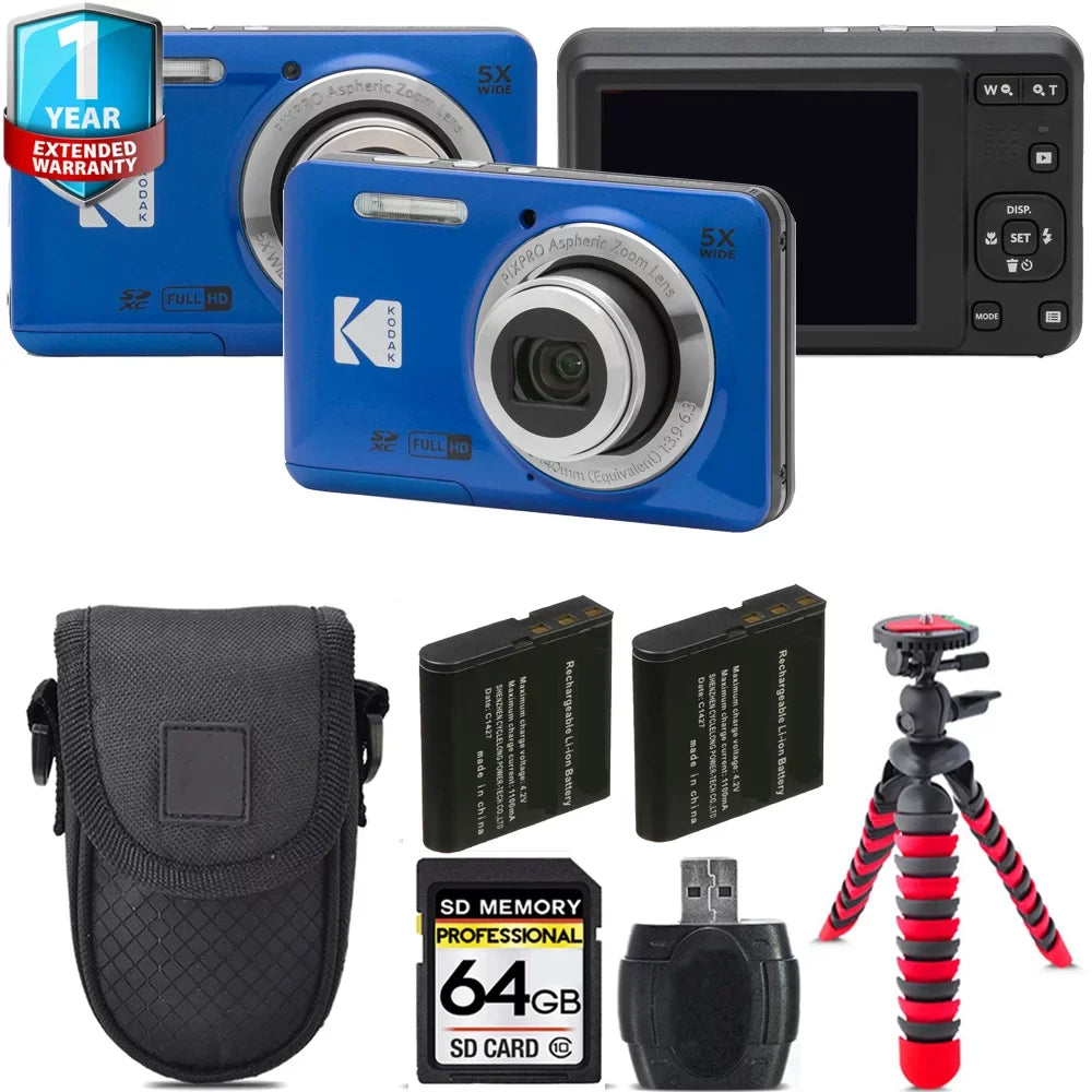 Kodak  FZ55 Digital Camera (Blue) + Extra Battery +Tripod + 1 Yr Warranty -64GB Kit