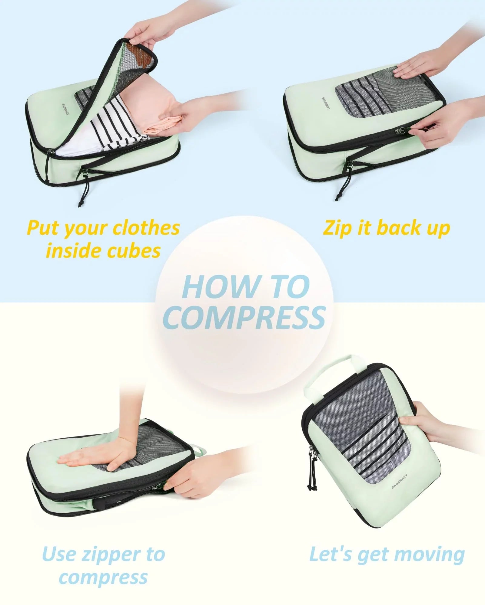 Packing Cubes for Travel, Compression Expandable 6 Pcs Luggage Packing Organizers Foldable Lightweight Suitcase Storage Bags for Travel Accessories, Green