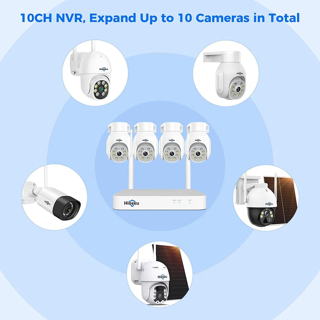 Hiseeu WiFi  Security Camera System,5MP,Expandable 10CH ,1TB Hard Drive,12V  Power Cords,IP66 Waterproof, Motion Alert, Plug&Play,24/7 Motion Record, Auto Track