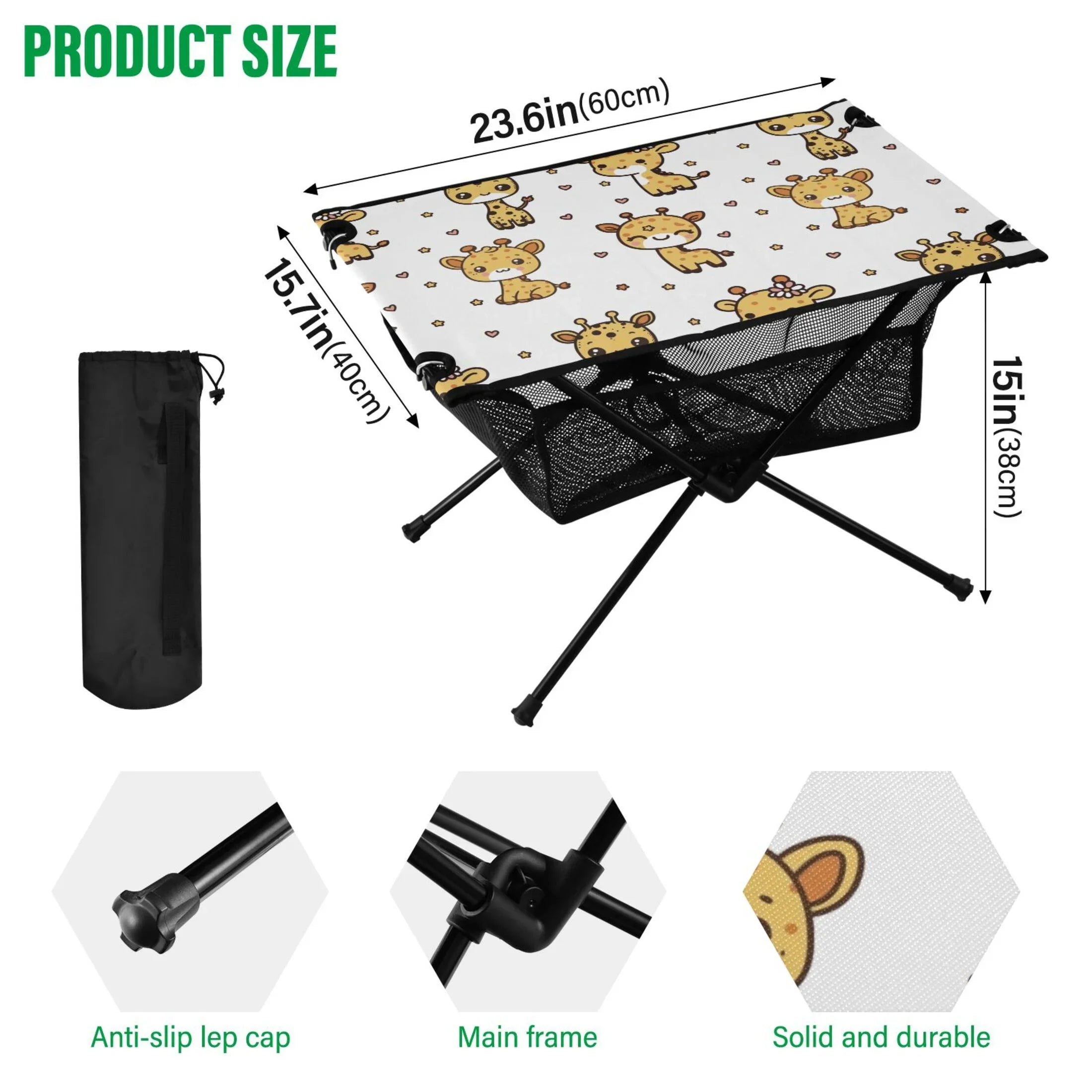 Cute Cartoon Giraffe Pattern Camping Folding Table Portable Beach Table with Storage Bag Compact Picnic Table for Outdoor Travel Fishing