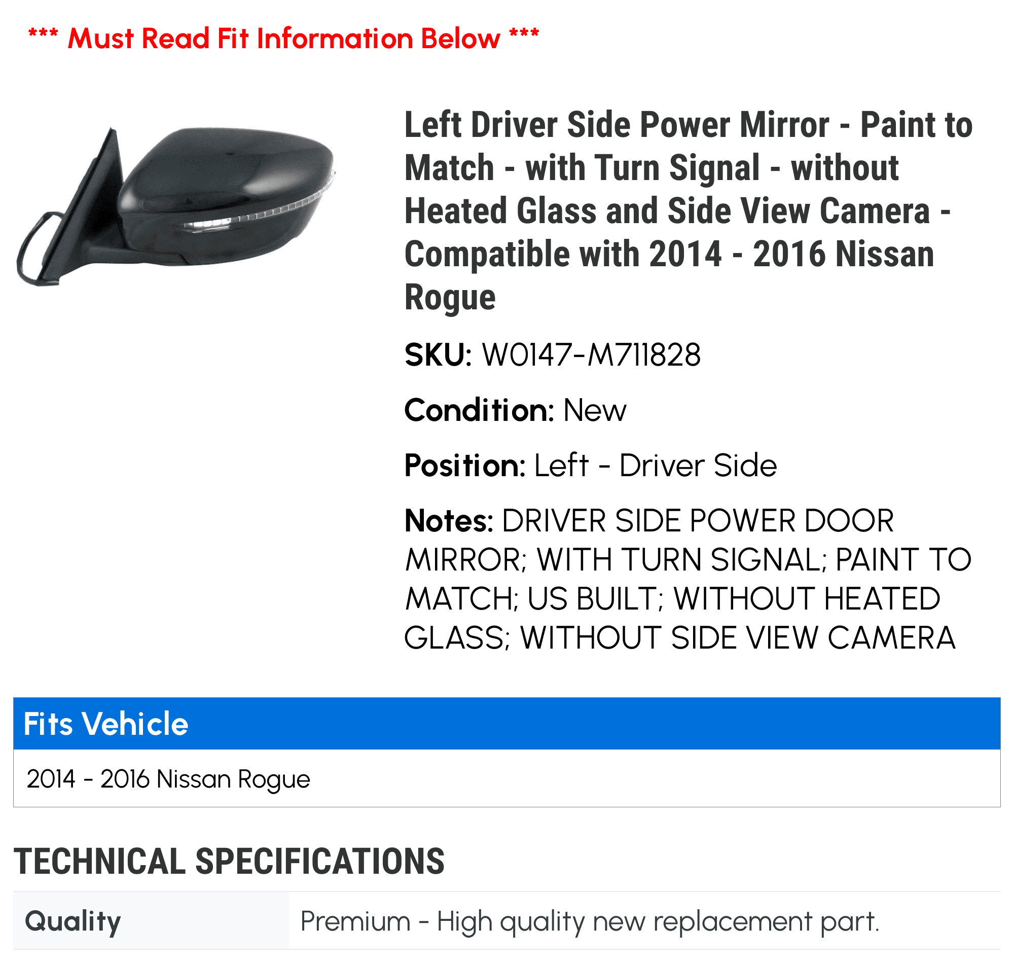 Left Driver Side Power Mirror - Paint to Match - with Turn Signal - without Heated Glass and Side View Camera - Compatible with 2014 - 2016 Nissan Rogue 2015