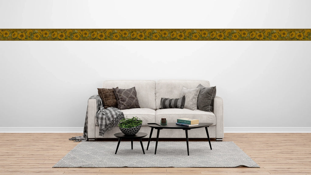 Dundee Deco Peel and Stick Self Adhesive Wallpaper Border - Floral Yellow, Mustard Sunflowers, Butterflies, 15 ft x 7 in