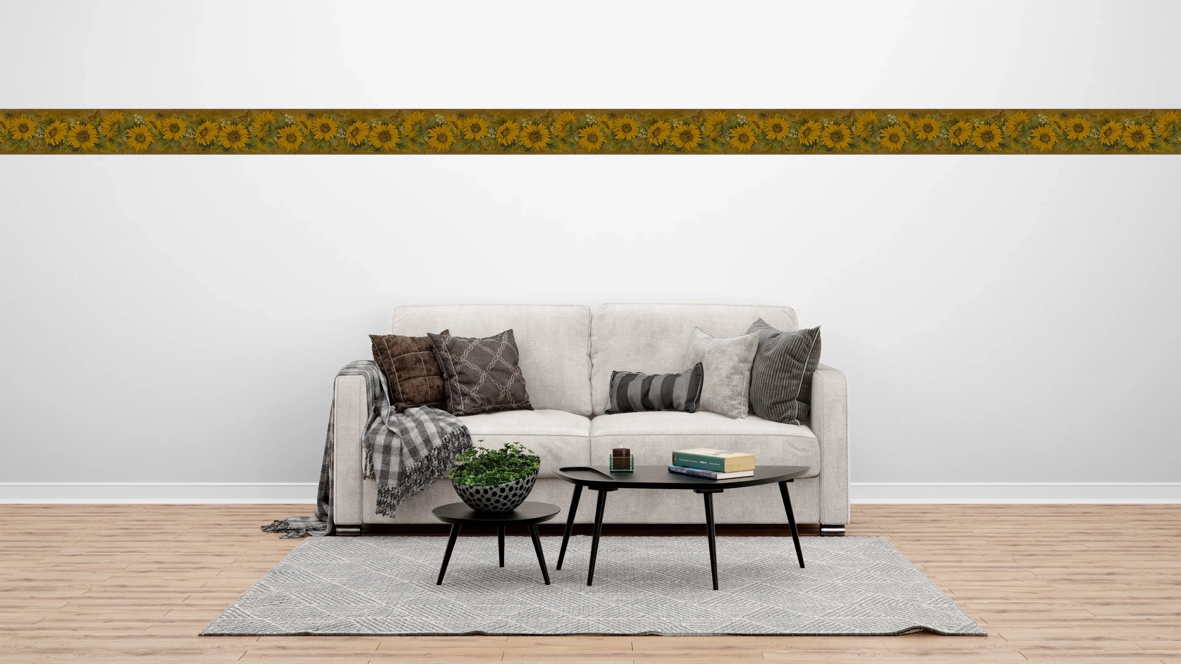 Dundee Deco Peel and Stick Self Adhesive Wallpaper Border - Floral Yellow, Mustard Sunflowers, Butterflies, 15 ft x 7 in