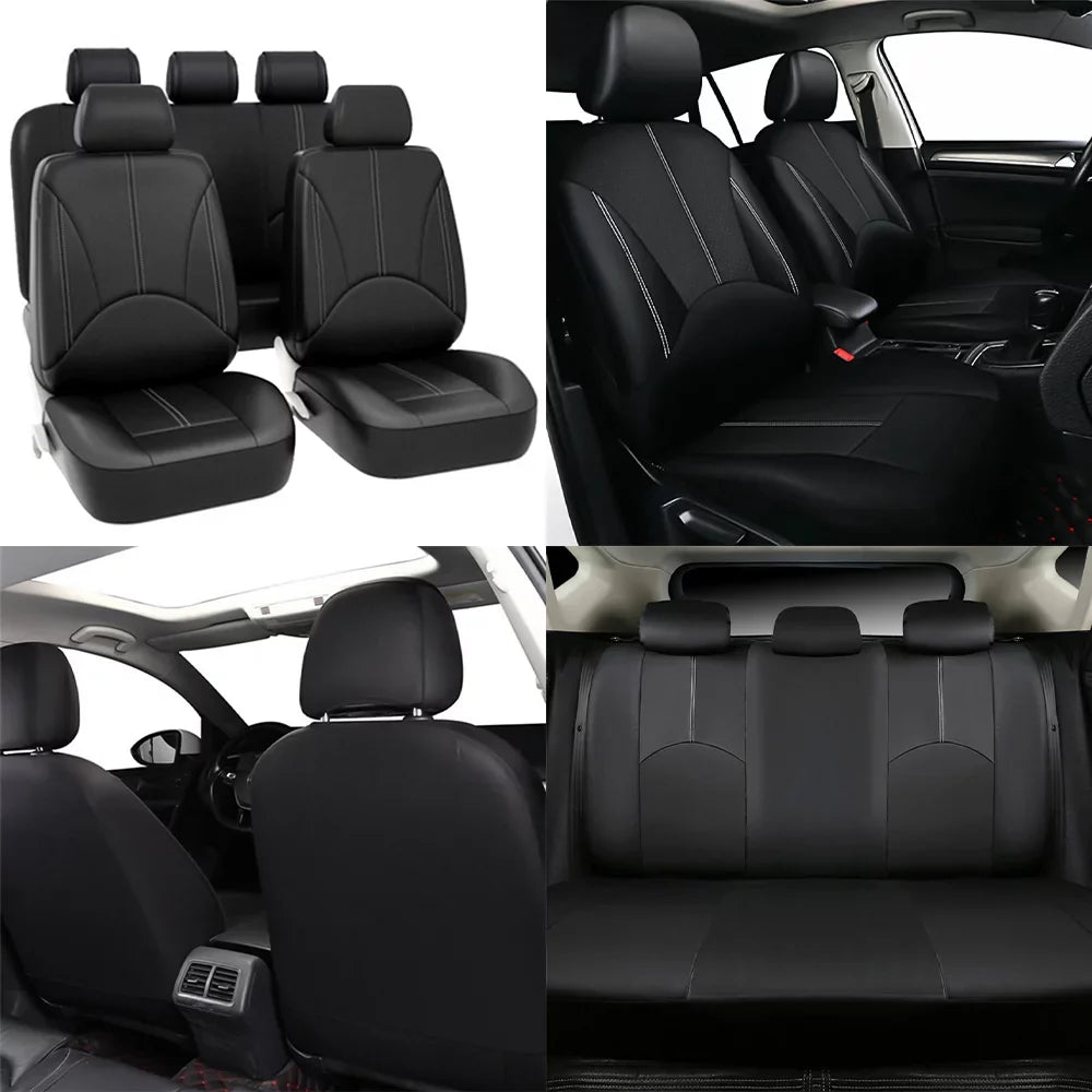 9Pcs  Leather Car Seat Covers 5 Seats, Black Waterproof Four Seasons Universal Luxury Pad for Auto Truck Van