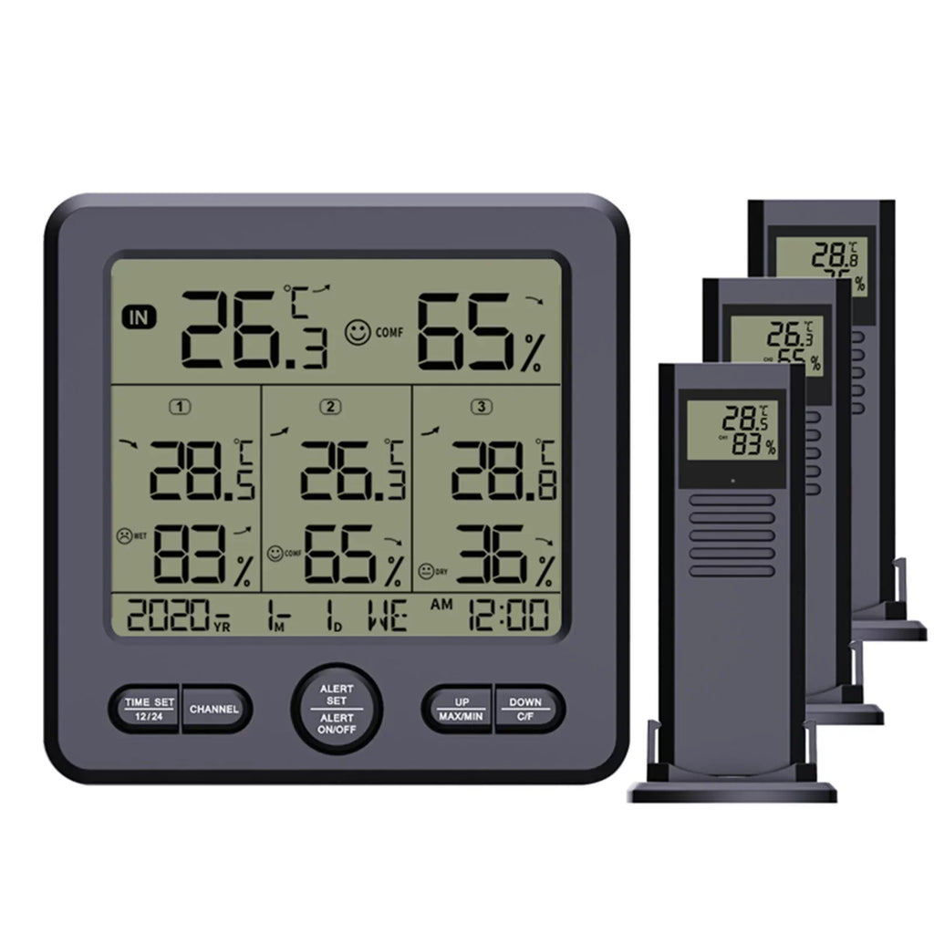 Digital Wireless Indoor  Thermohygrometer with 3 Remote Sensors 98ft/ 30m Backlight & Alarm Calibration Function Humidity  with 3 Transmitters Weather Stations for Home Office