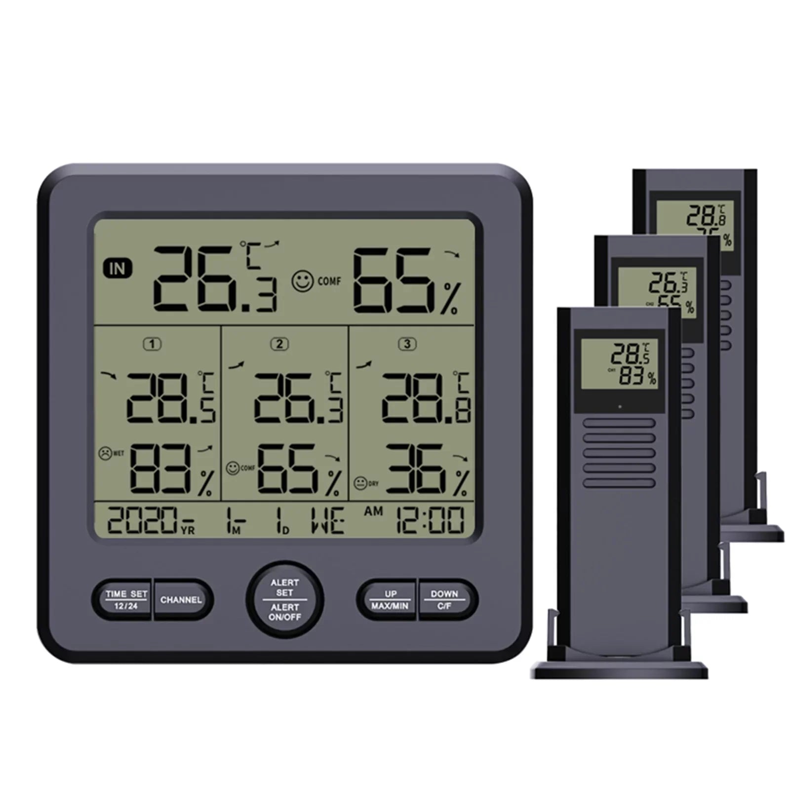 Digital Wireless Indoor  Thermohygrometer with 3 Remote Sensors 98ft/ 30m Backlight & Alarm Calibration Function Humidity  with 3 Transmitters Weather Stations for Home Office