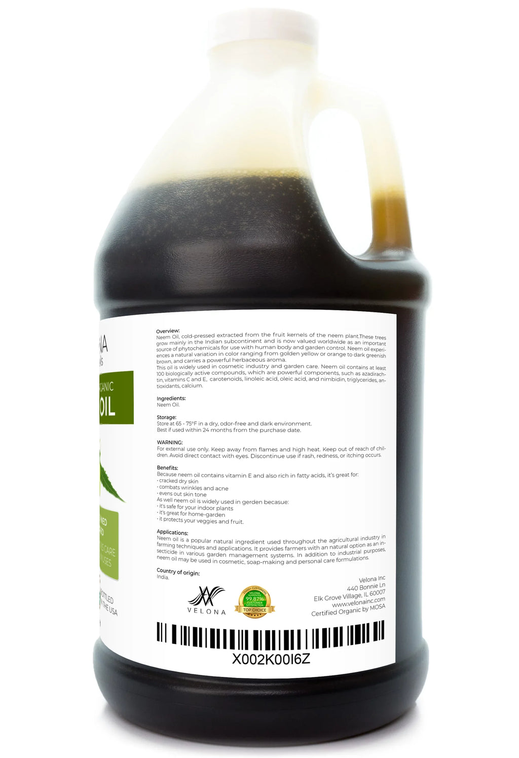 Velona Neem Oil  Certified Organic - 64 oz | 100% Pure and Natural Carrier Oil | Virgin, Unrefined, Cold Pressed | Hair, Body and Skin Care | Use Today - Enjoy Results