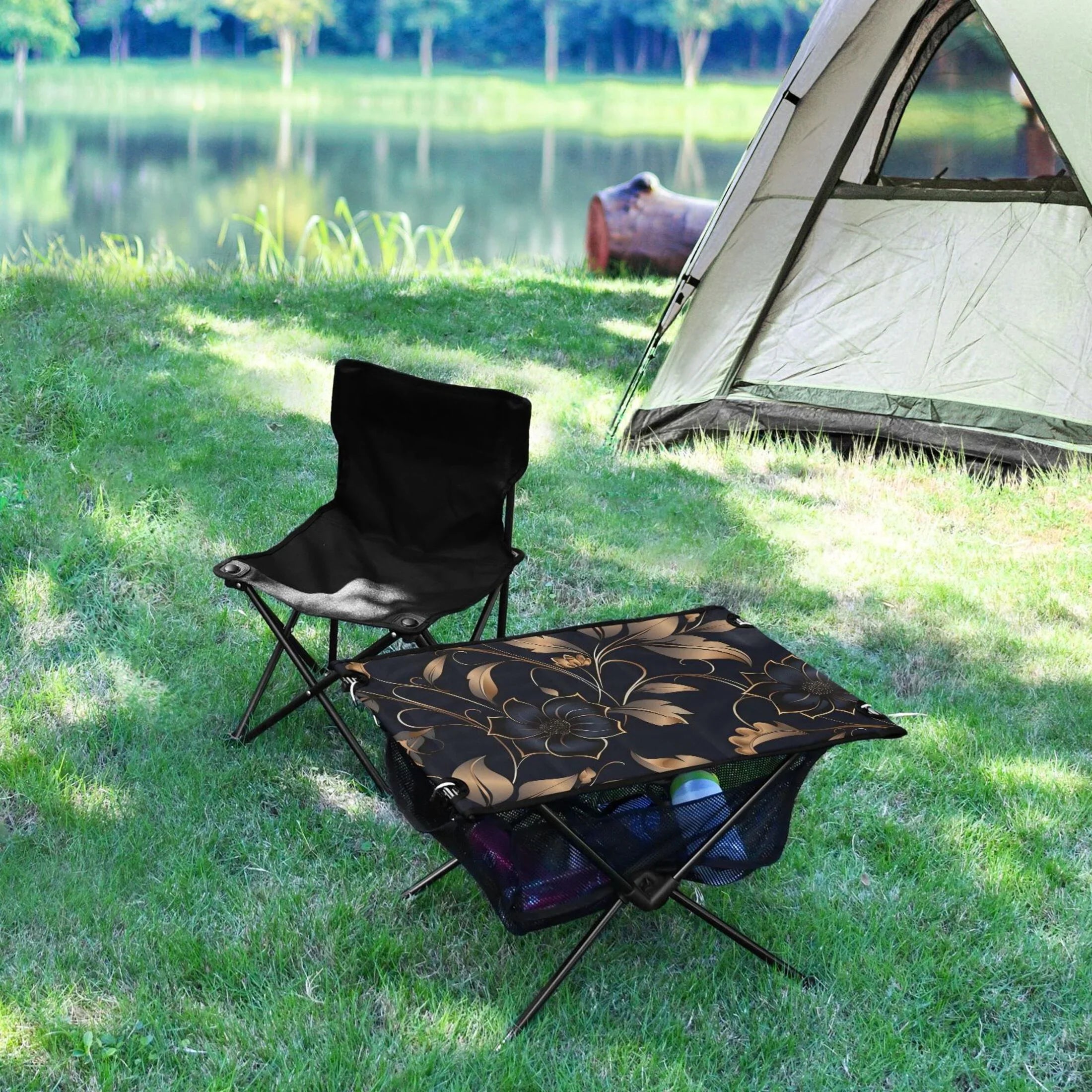 Flower on Black Camping Folding Table Portable Beach Table with Storage Bag Compact Picnic Table for Outdoor Travel Fishing