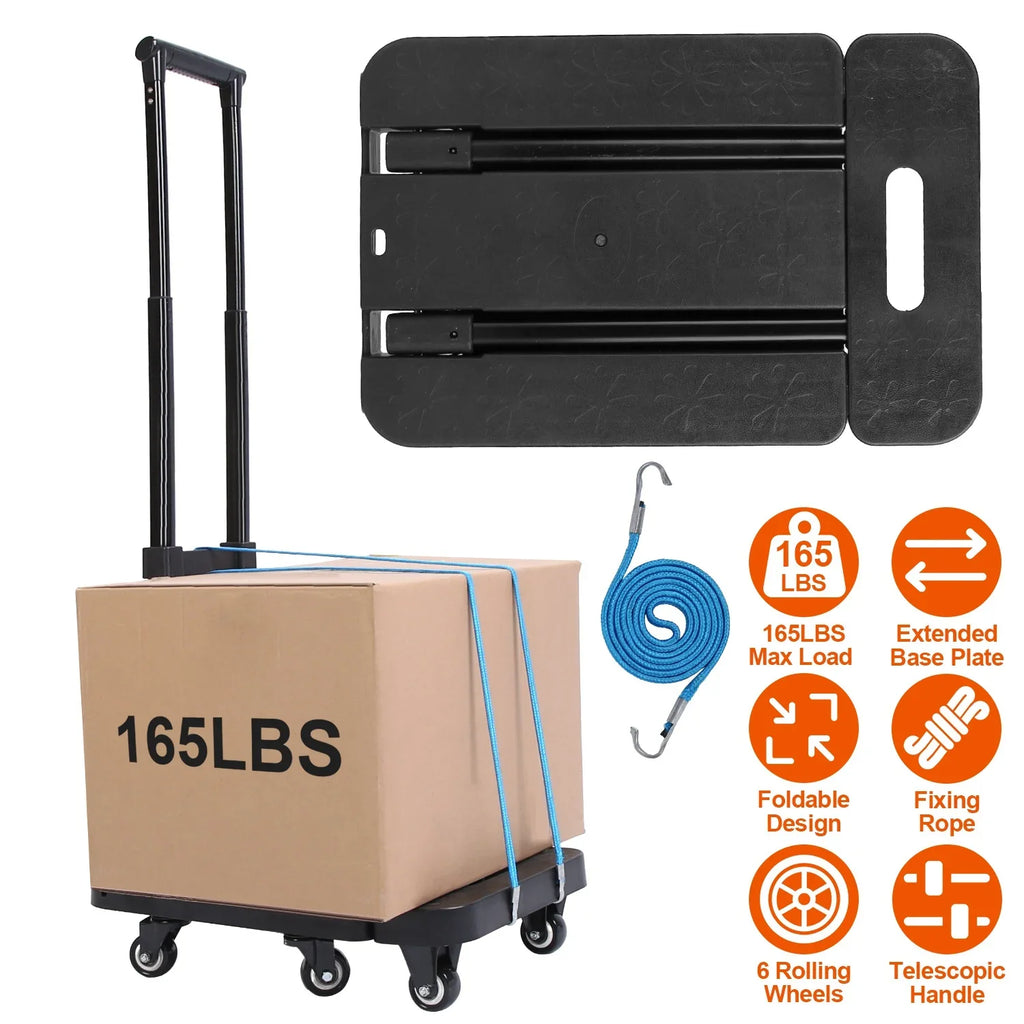 Folding Hand Truck iMounTEK 165LBS Heavy Duty Luggage Cart Utility Dolly Platform Cart for Luggage with Retractable Handle 1 Elastic Ropes Black