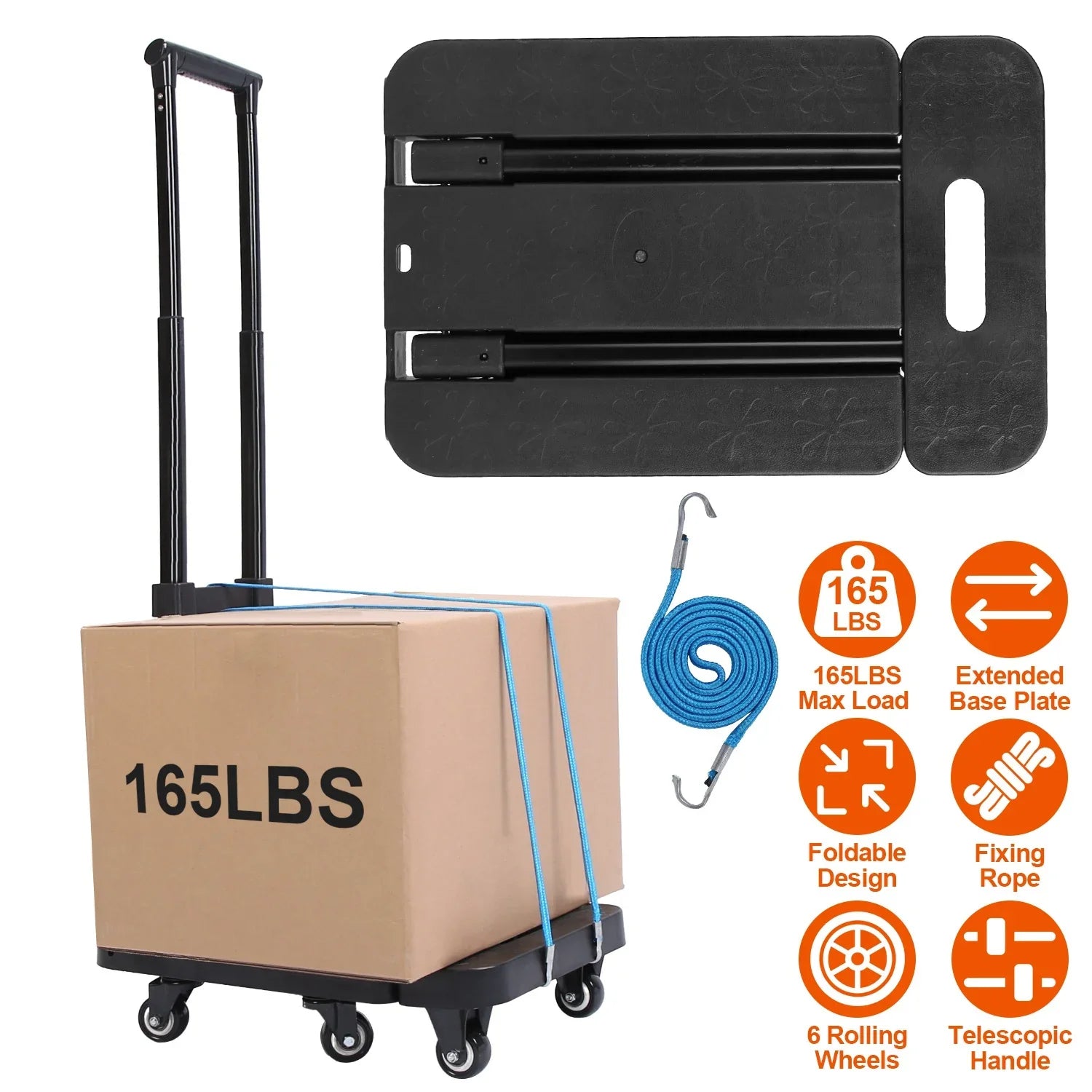 Folding Hand Truck iMounTEK 165LBS Heavy Duty Luggage Cart Utility Dolly Platform Cart for Luggage with Retractable Handle 1 Elastic Ropes Black