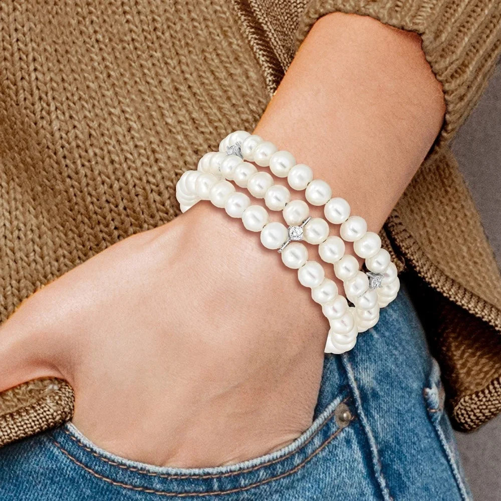 Auriga 925 Sterling Silver Rhod-plat 6-7mm White  Pearl &  3 Row Bracelet 7.5inch for Women