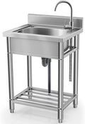 Utility Sink Stainless Steel Free Standing Single Bowl with Cold and Hot Water Pipe - Ideal for Laundry Room, Bathroom, and Farmhouse