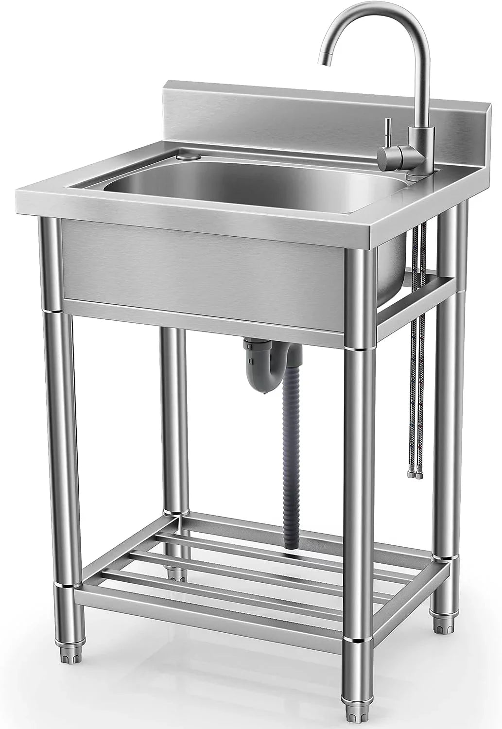 Utility Sink Stainless Steel Free Standing Single Bowl with Cold and Hot Water Pipe - Ideal for Laundry Room, Bathroom, and Farmhouse