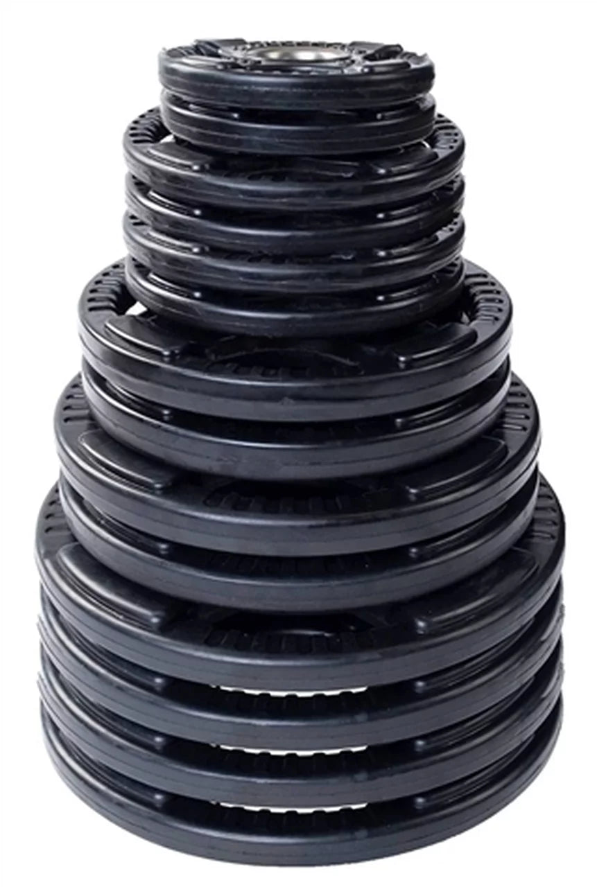 French Fitness Rubber Grip Weight Plate Set w/7 ft Olympic Bar 395 lbs (New)