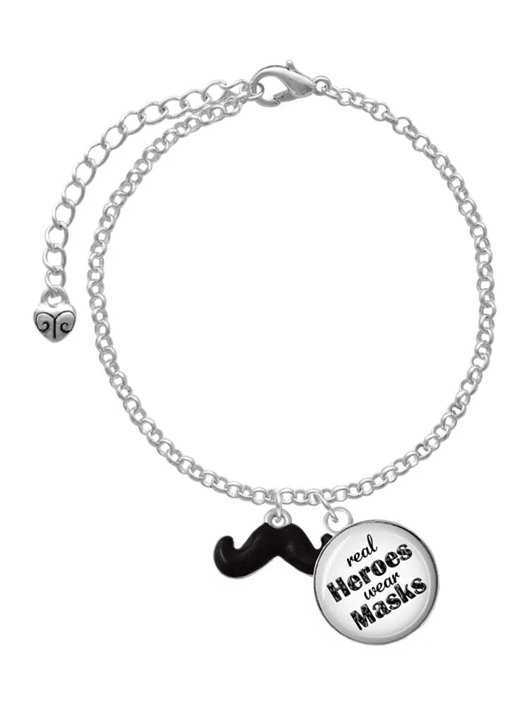 Delight Jewelry Silvertone Small Black Enamel Mustache Dome Real Heroes Wear Masks Charm Bracelet