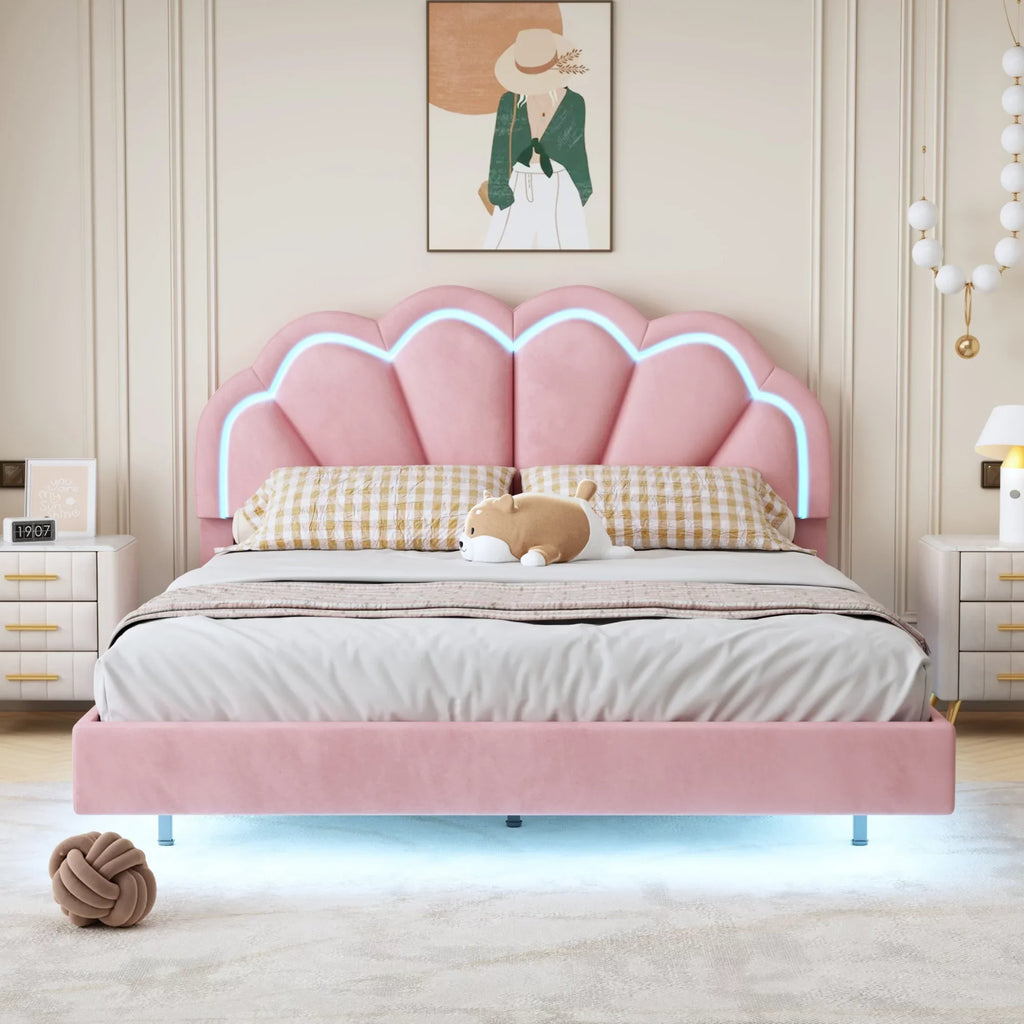CoSoTower Queen Upholstered Smart  Bed Frame with Elegant Flowers Headboard,Floating Velvet Platform  Bed with Wooden Slats Support,Pink