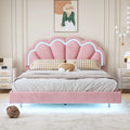 CoSoTower Queen Upholstered Smart  Bed Frame with Elegant Flowers Headboard,Floating Velvet Platform  Bed with Wooden Slats Support,Pink