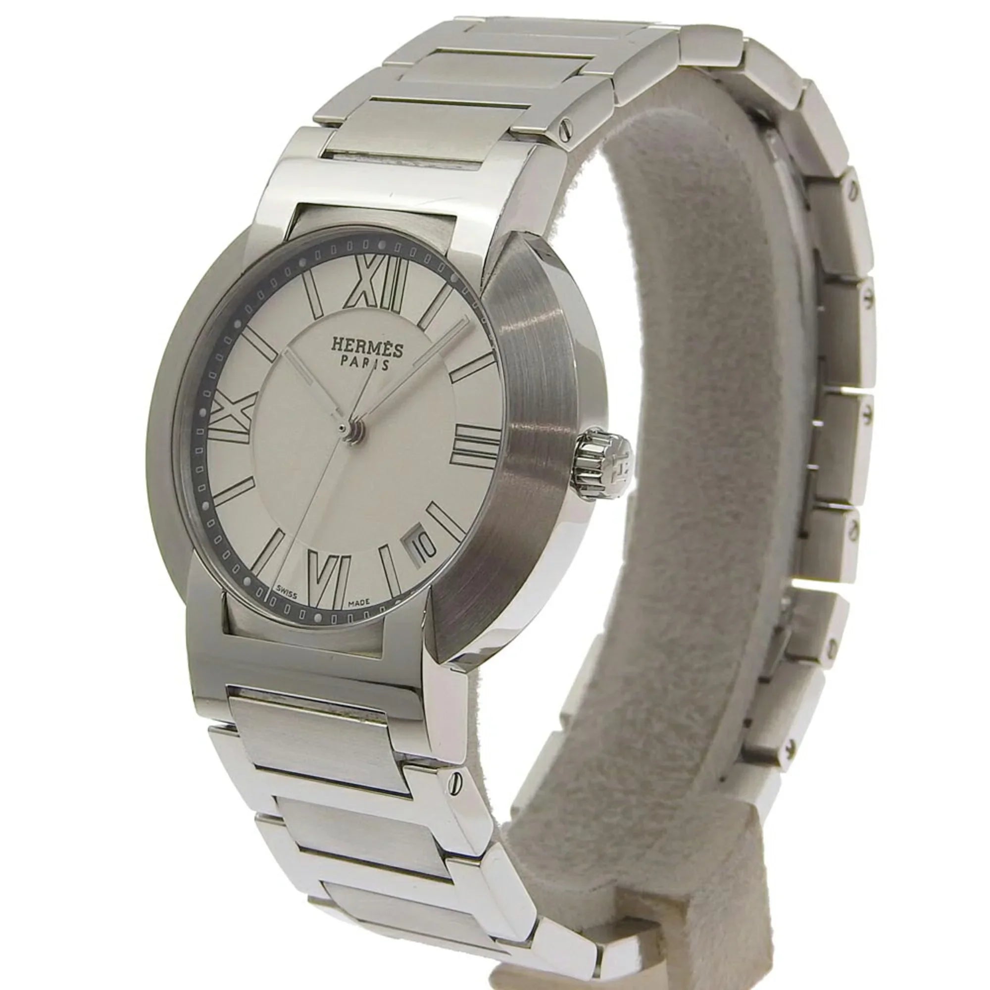 Pre-Owned Hermes Nomad Watch NO1.710 Stainless Steel Swiss Made Silver Quartz Analog Display White Dial Men's (Fair)