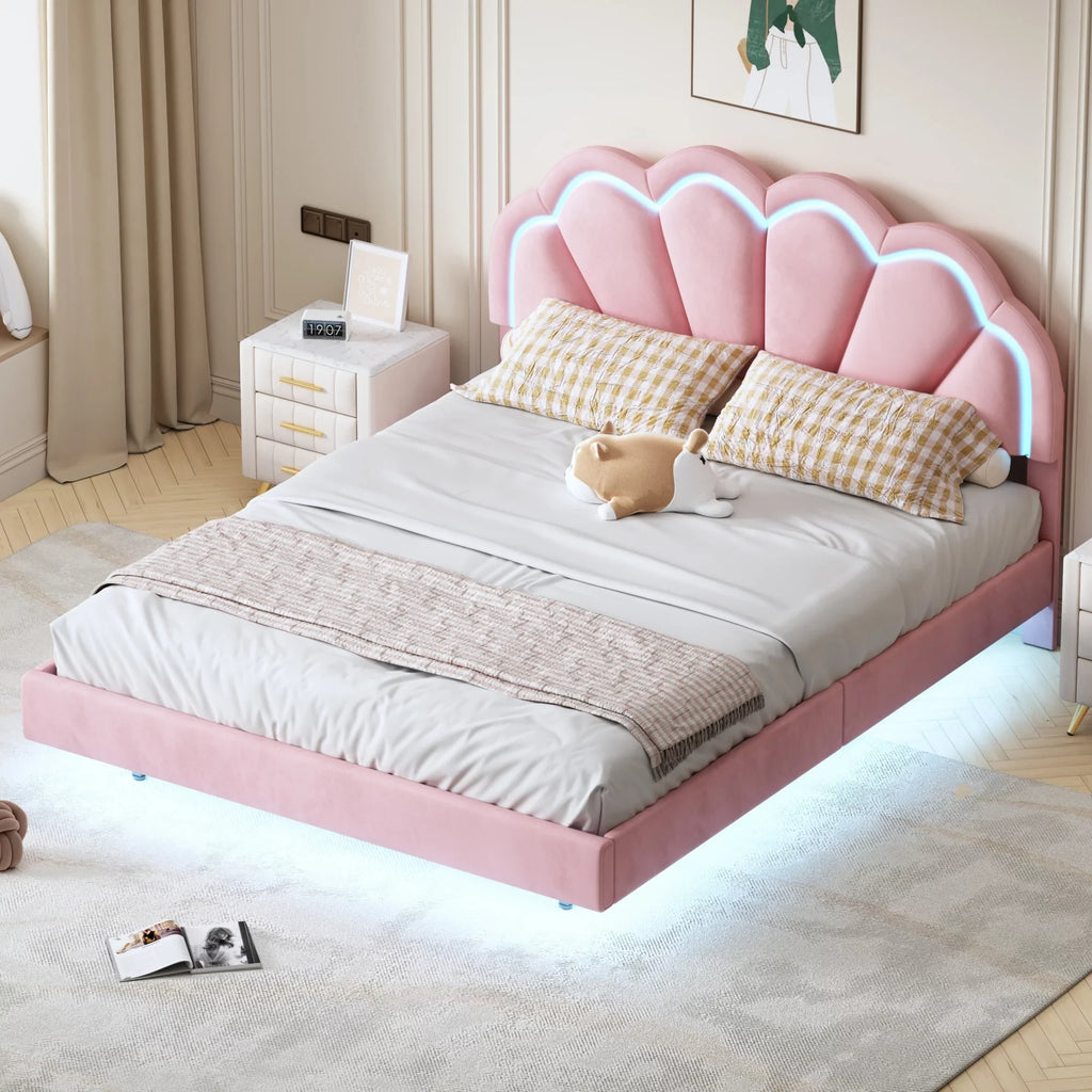 CoSoTower Queen Upholstered Smart  Bed Frame with Elegant Flowers Headboard,Floating Velvet Platform  Bed with Wooden Slats Support,Pink