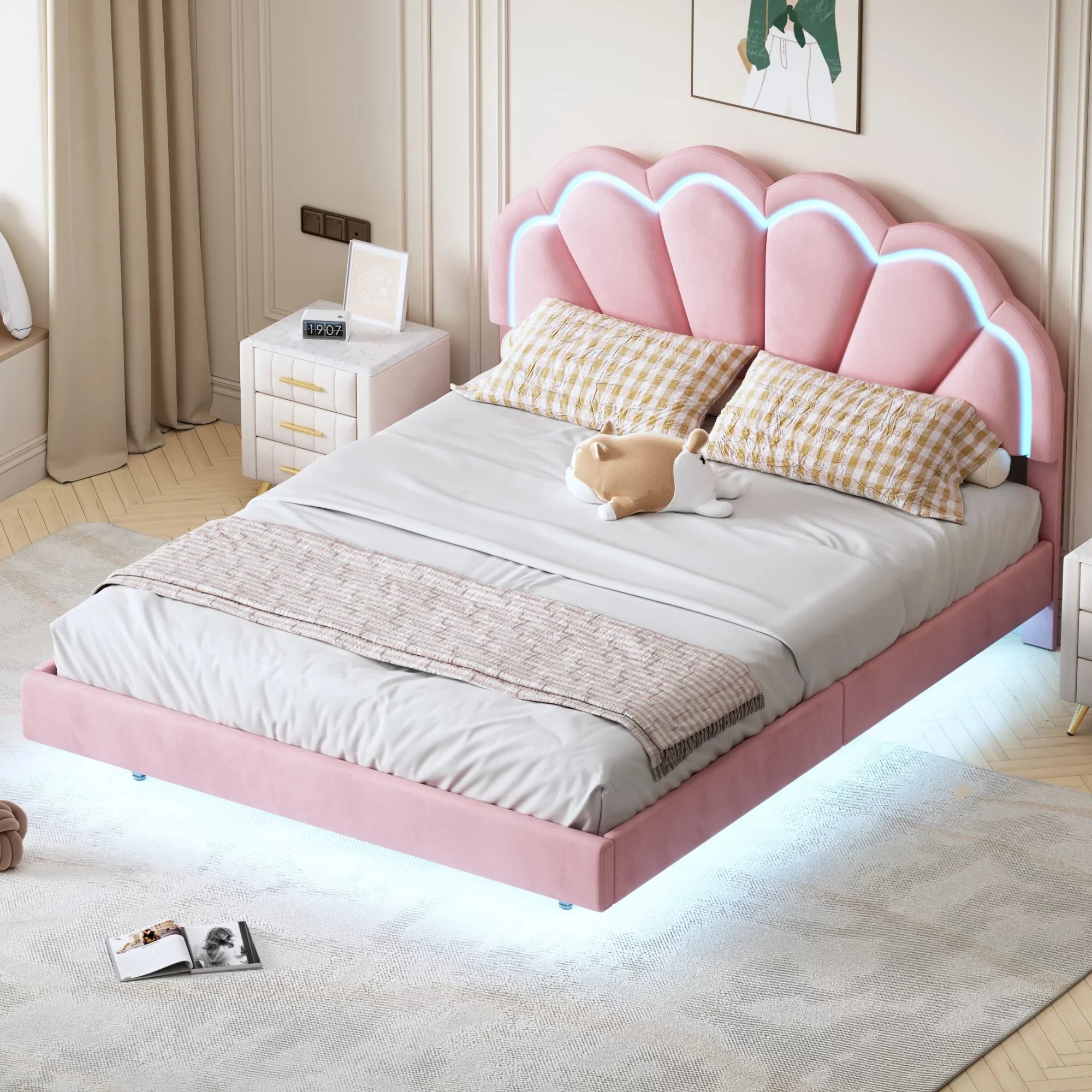 CoSoTower Queen Upholstered Smart  Bed Frame with Elegant Flowers Headboard,Floating Velvet Platform  Bed with Wooden Slats Support,Pink