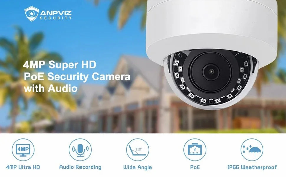 Anpviz 4MP  Camera Outdoor Fixed 2.8mm lens Security camera Built-in Mic Waterproof IP66 H.265 P2P   Night vision Onvif