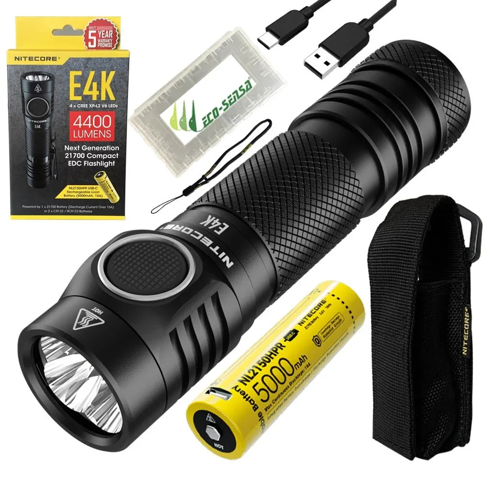 E4K Next generation 21700 Compact  Flashlight - 4x  -L2 V6 - 4400 Lumens w/ 1x  21700 Rechargeable Li-ion Battery and  Eco-Sensa Battery Case