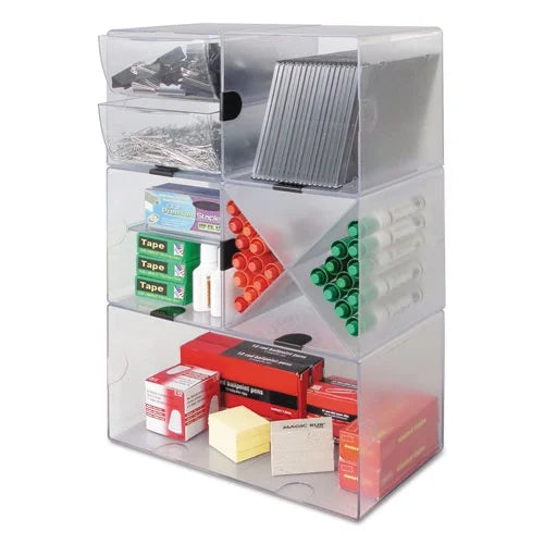 deflecto Stackable Cube Organizer, 4 Compartments, 4 Drawers, Plastic, 6 x 7.2 x 6, Clear | Order of 1 Each