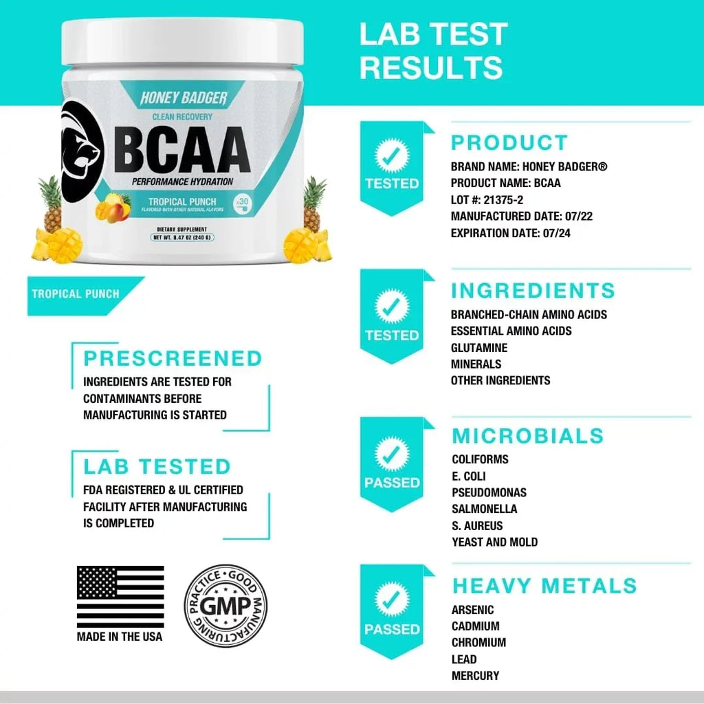 Honey Badger  Amino Acids Electrolytes Powder, Keto, Vegan, Sugar Free BCAAs +  with L-Glutamine For Men & Women, Hydration & Post Workout Muscle Recovery Drink Mix, Tropical Punch, 30 Servings