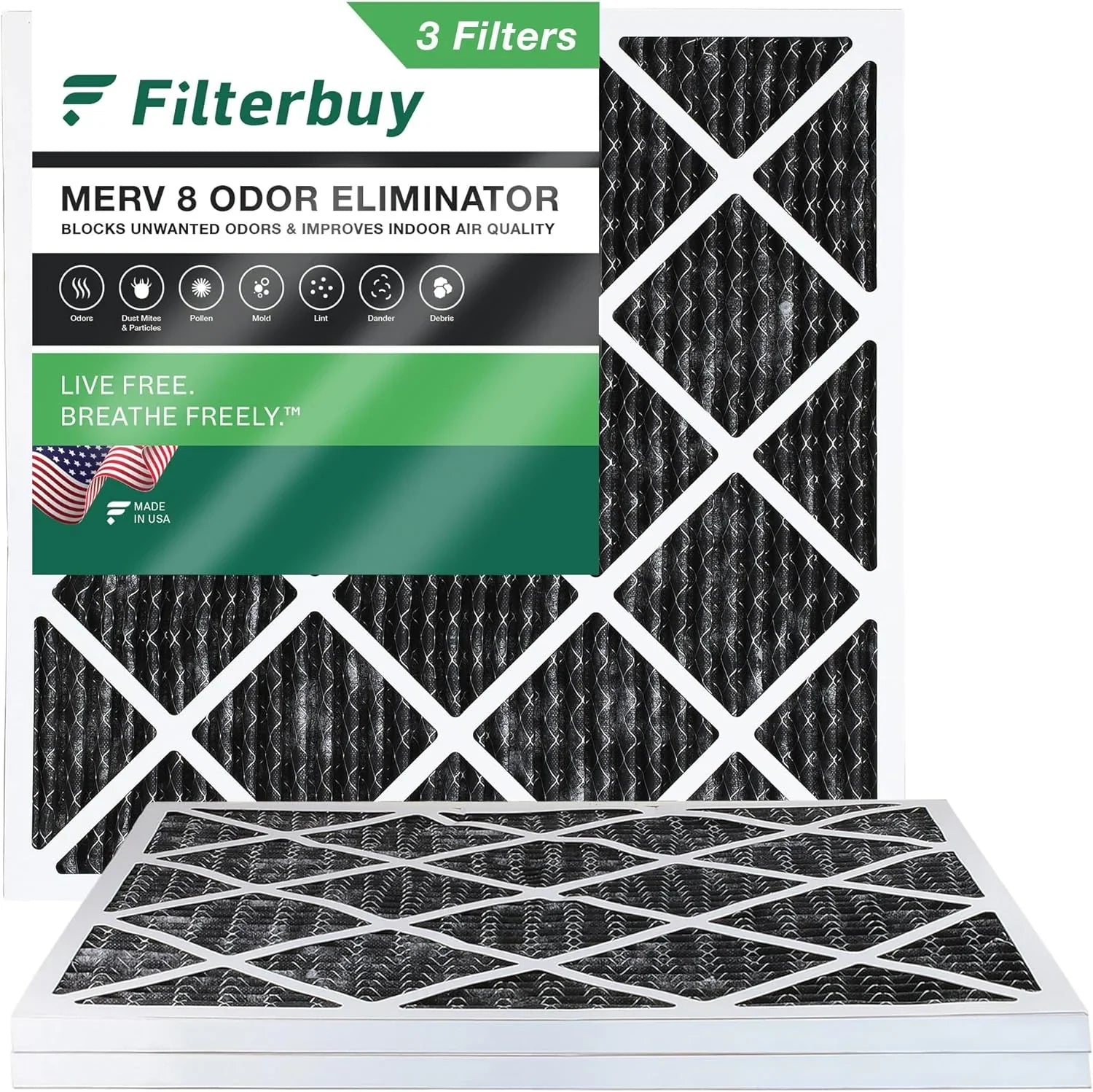Filterbuy 18x18x1  8 Odor Eliminator Pleated   Furnace Air Filters with Activated Carbon (3-Pack)