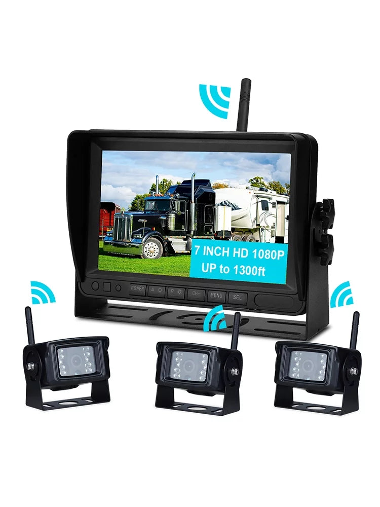 7" Display  1080P Wireless 3CH Rear View Backup Camera Kit for Truck Trailer