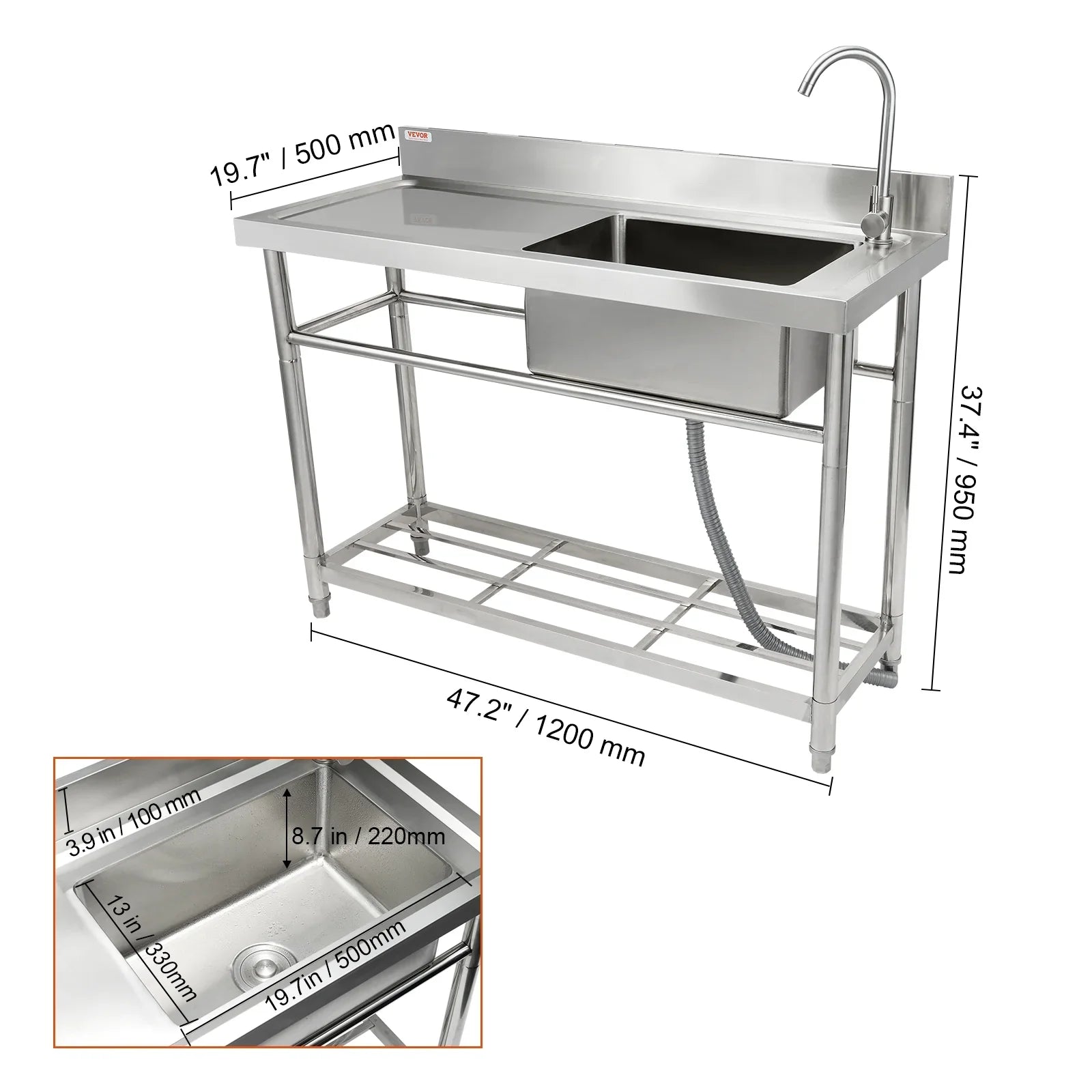 Commercial Utility & Prep Sink Single Bowl w/Workbench 47.2x19.7x37.4 in