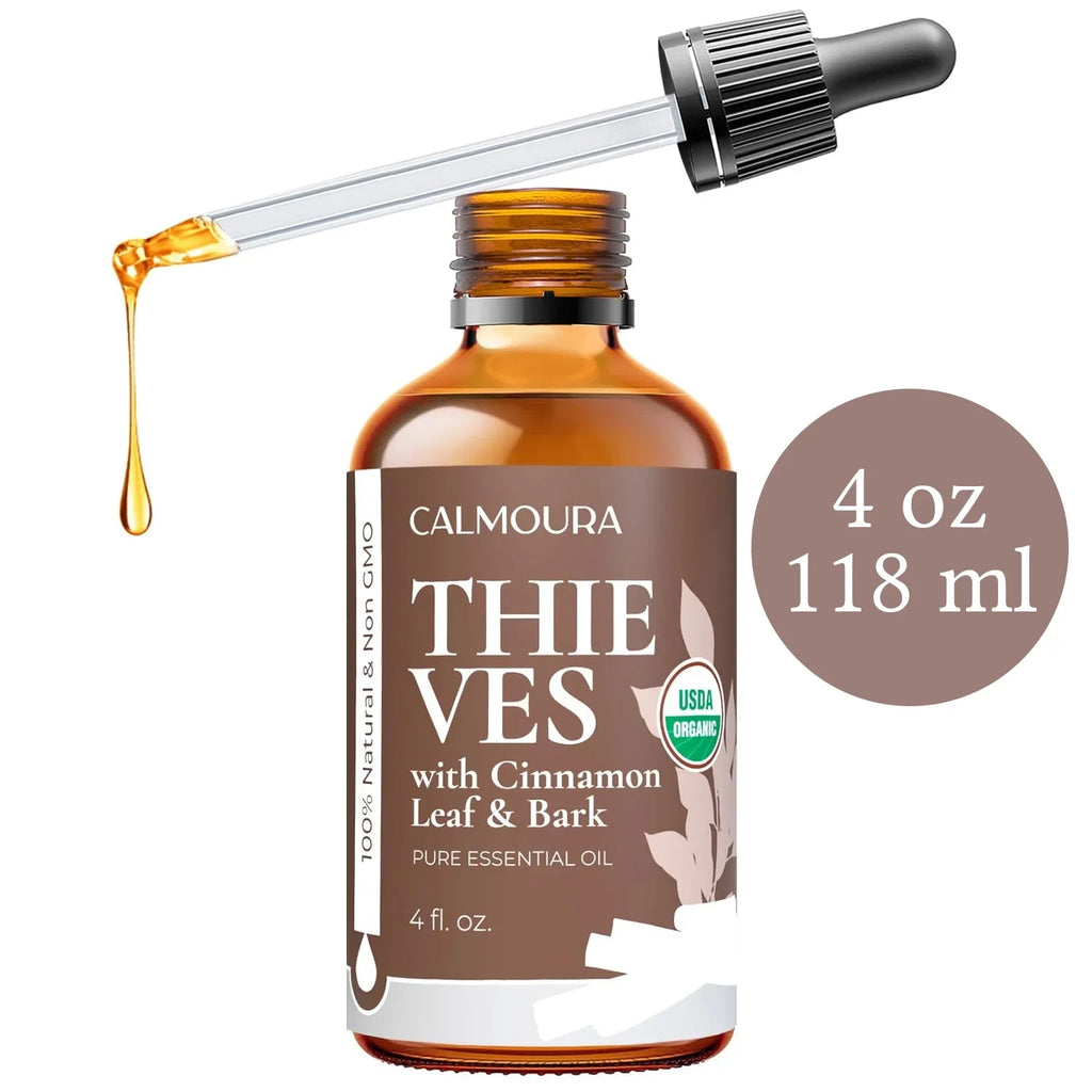 Organic Thieves Oil Essential Oil (4 oz | 118 ml) —  Certified Therapeutic Grade For Essential Oil Diffuser — Oil Blend of Clove, Cinnamon, Rosemary Essential Oil, Lemon and Eucalyptus