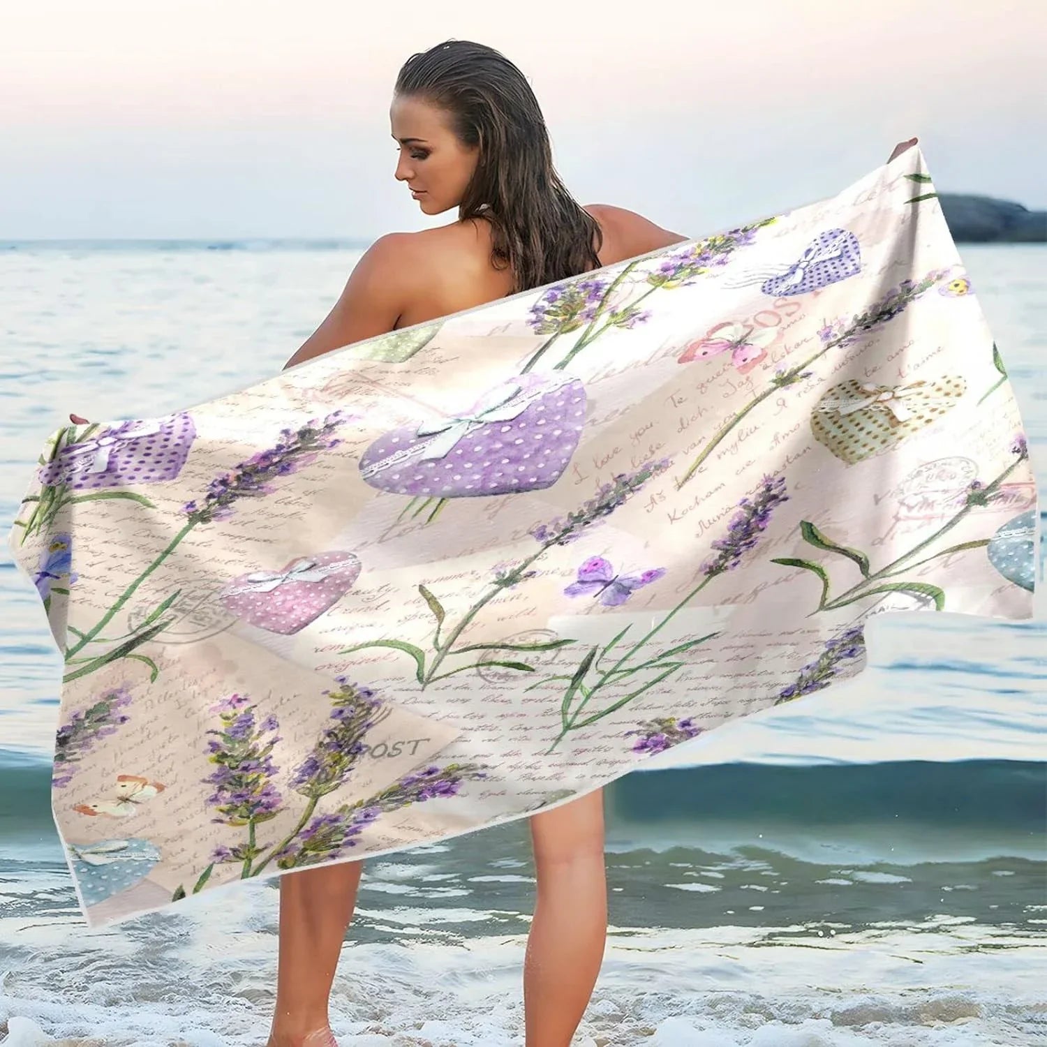 Bestwell Purple Lavender Floral Beach Towel Oversized Towel Blanket, Thin Lightweight Microfiber Sand Free Quick Dry Towel, 30”X60” Multipurpose Pool Bath Yoga Swim Shower Towel