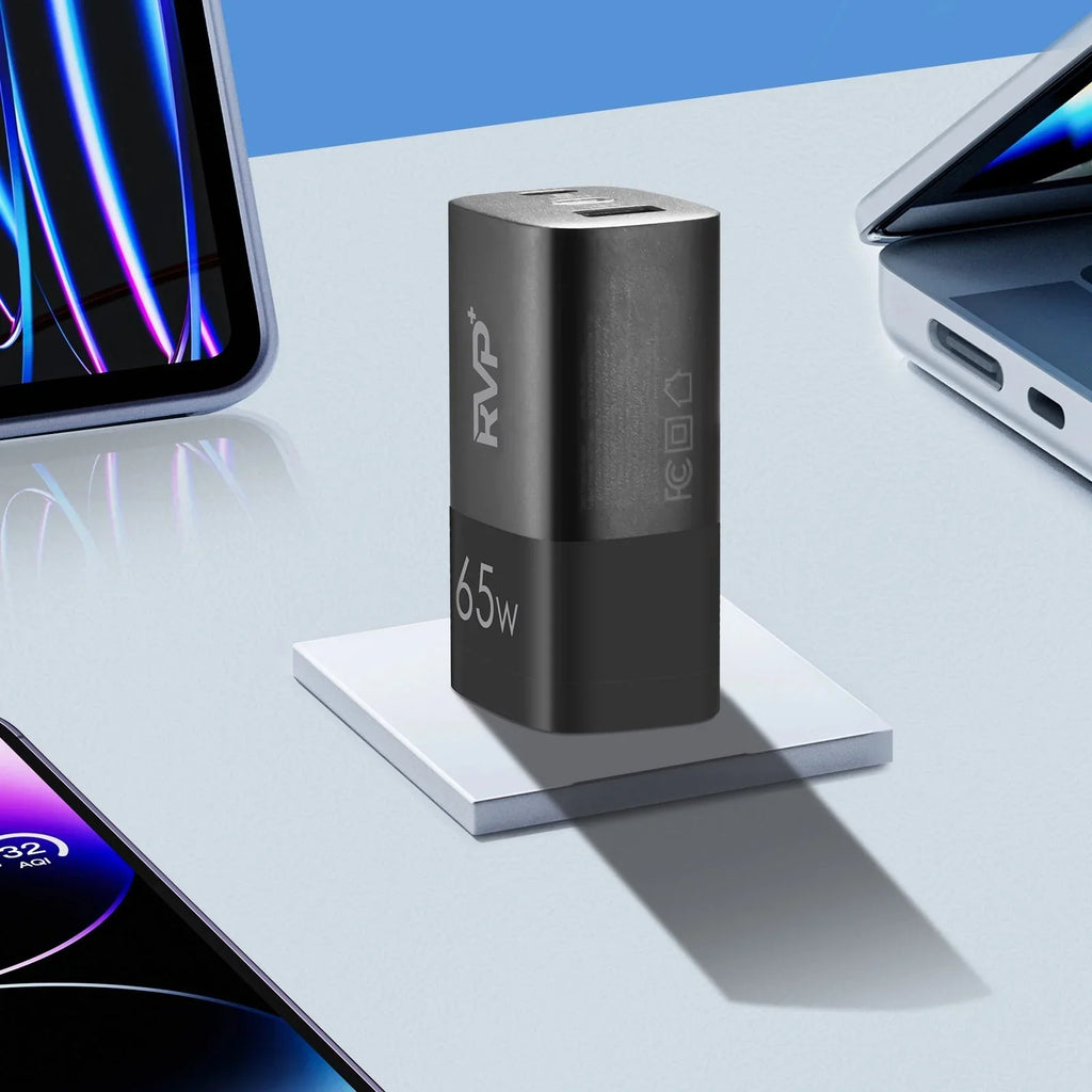 '+ 65W  C and  A Charger, (GaN) Tech Power Adapter, 3-Port Wall Charger, Foldable Fast Charger for iPhone, Smartphones, Tablets, Laptops - Black