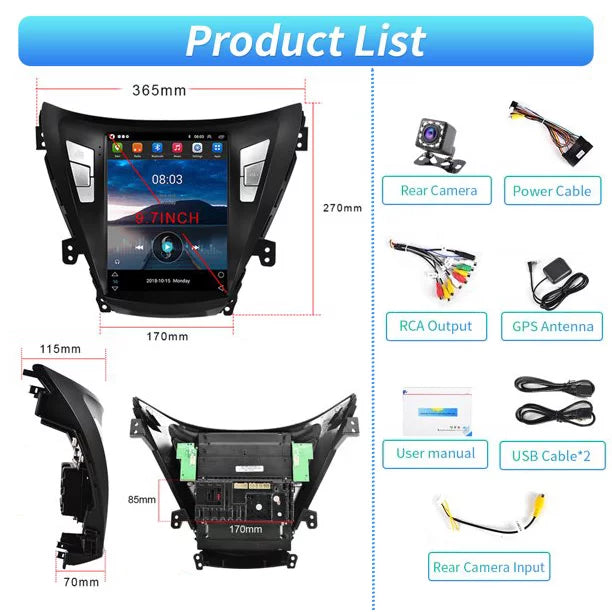 Podofo 2G+64G for Hyundai Elantra 2011 2012 2013 Android 9.7'' Touchscreen Car Stereo Radio Bluetooth  Mirror Link   , with Backup Camera