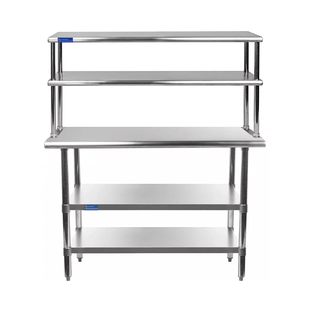 30" x 24" Stainless Steel Work Table With Two Shelves | 12" Wide Double Tier Overshelf | Metal Kitchen Prep Table & Shelving Combo