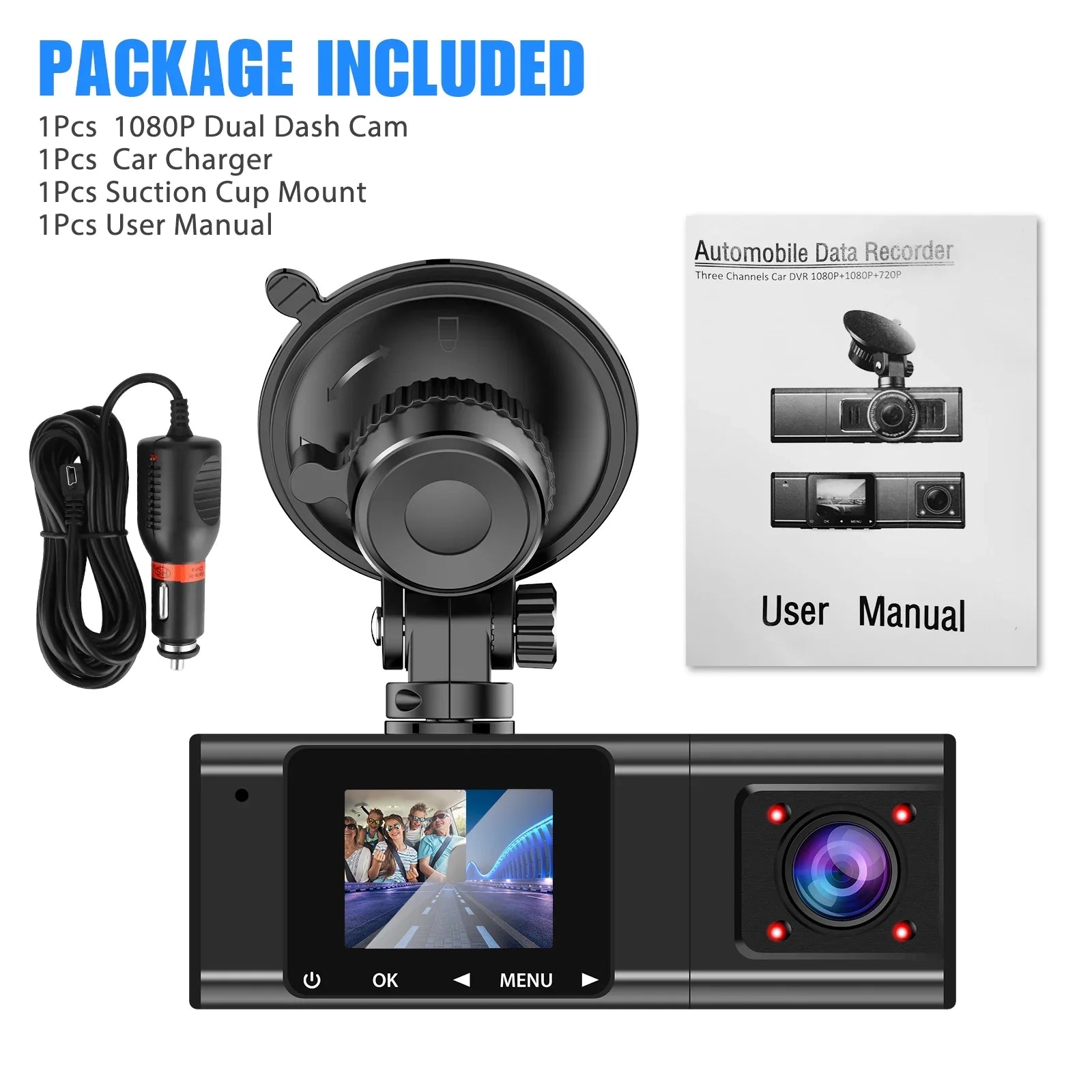 Dual Dash Cam,  1080P Dual Lens Front Insides Camera,  Car  Driving Recorder with Night Vision, 170° Wide Angle, Loop Recording, G-Sensor, Parking Mode - Black