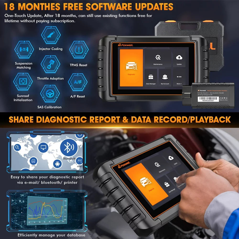 Foxwell NT809BT Advanced Bluetooth Car Scanner Bi-directional Control Active Test Automotive Scanner 30 Maintenance Services OBD2 Scanner Auto Analyzer Code Reader Automotive Diagnostic Scan Tool