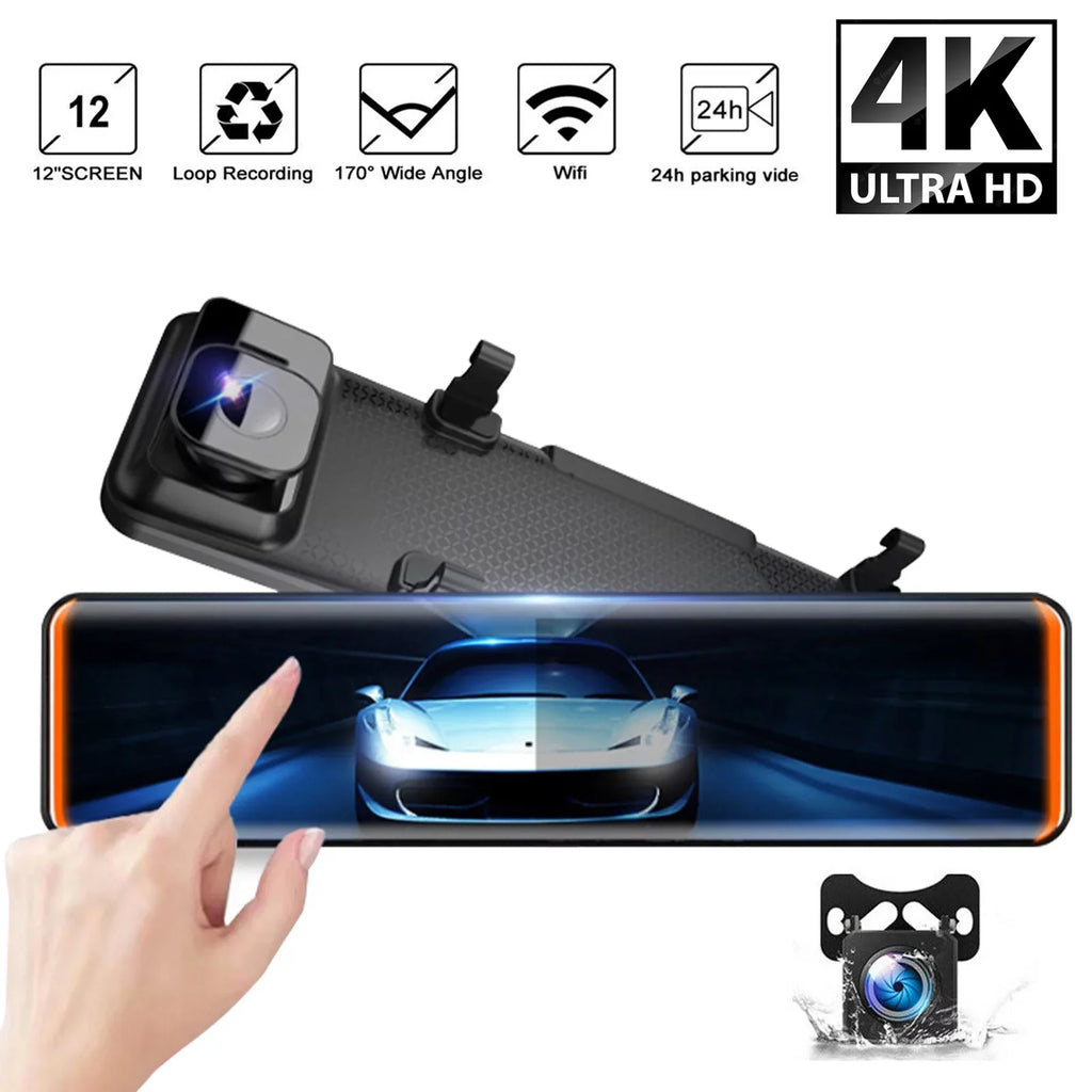 4K 12" Car Dash Cam Touch Screen with Rear View Mirror Camera Waterproof  Video Recorder Night Vision Motion Detection G-Sensor