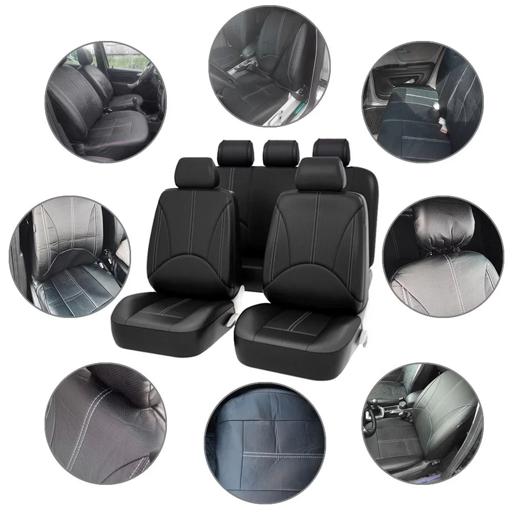 9Pcs  Leather Car Seat Covers 5 Seats, Black Waterproof Four Seasons Universal Luxury Pad for Auto Truck Van