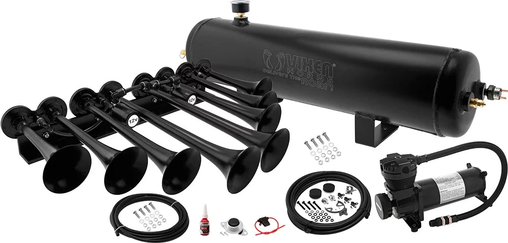 Vixen Horns  Train Horn Kit for Trucks/Car/Semi. Complete Onboard System- 200psi Air Compressor, 3 Gallon Aluminum Tank, 8 Trumpets.Super Loud dB.Fits Vehicles like Pickup/Jeep VXO4830AB/8124XB
