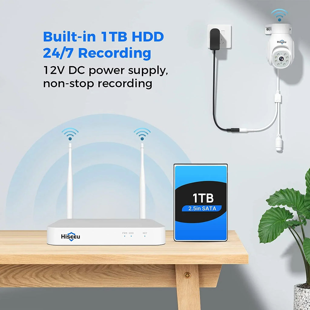 Hiseeu WiFi  Security Camera System,5MP,Expandable 10CH ,1TB Hard Drive,12V  Power Cords,IP66 Waterproof, Motion Alert, Plug&Play,24/7 Motion Record, Auto Track